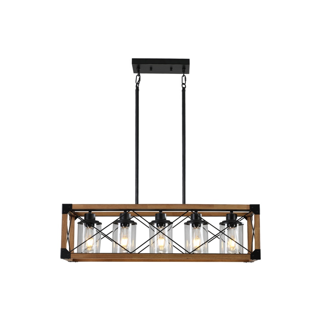 32in Walnut Industrial Farmhouse Rectangle Pendant Light, 5-Light Chandelier With Lampshades For Dining Room, Kitchen Island, Cafe Decor No Bulbs - Image 10