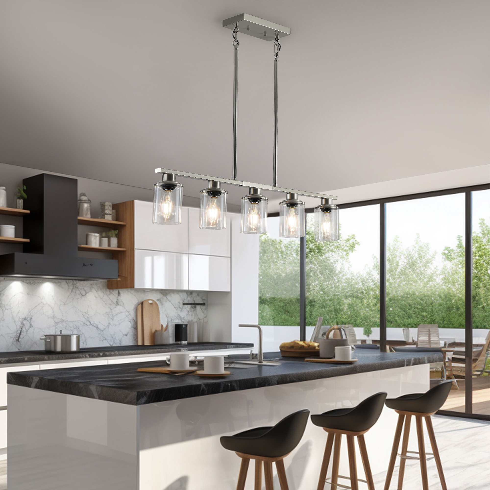 37 Brushed Nickel 5-Light Chandelier - Contemporary Kitchen Island Pendant Light With Clear Glass Shades For Dining Room, Farmhouse, Or Modern Decor No Bulbs - Image 7