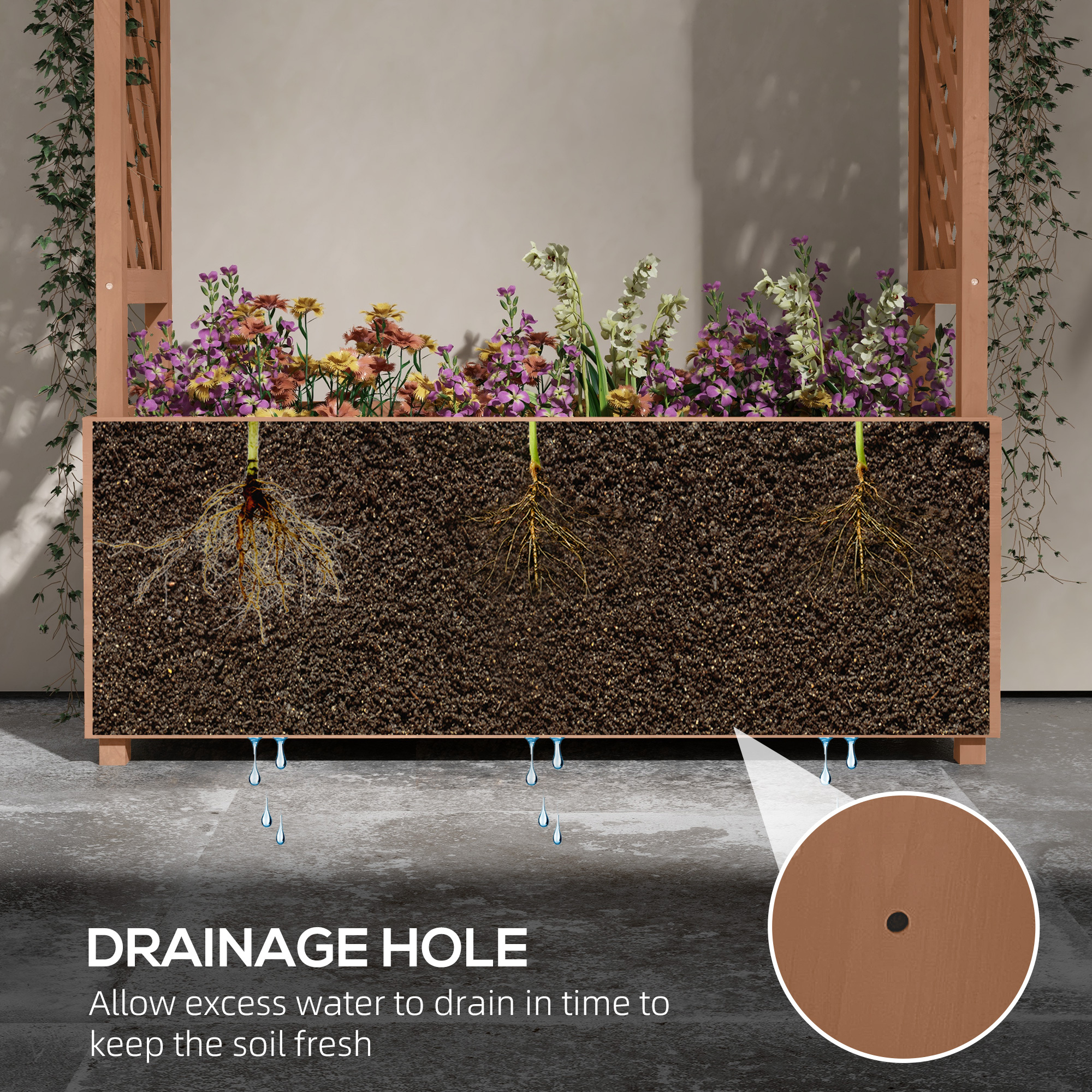 Raised Garden Bed With Trellises And Roof For Climbing Plant Vine, Hanging Flowers, 70.75" Tall Outdoor Wood Planter Box With Drainage & Filter - Image 4
