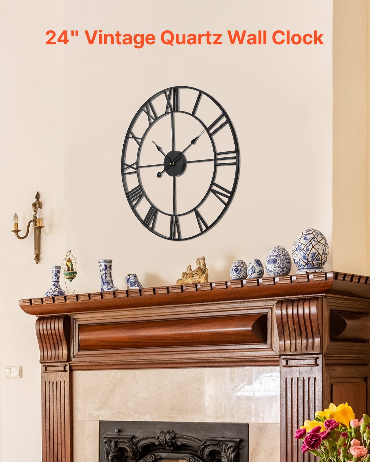 Wall Clock, 24 In Wall Clock Roman Numerals, Battery Operated Non Ticking Silent Classic Decorative Round Clocks, For Living Room Bedroom Office Kitchen Dining Room Home Decor Farmhouse, Black - Image 3