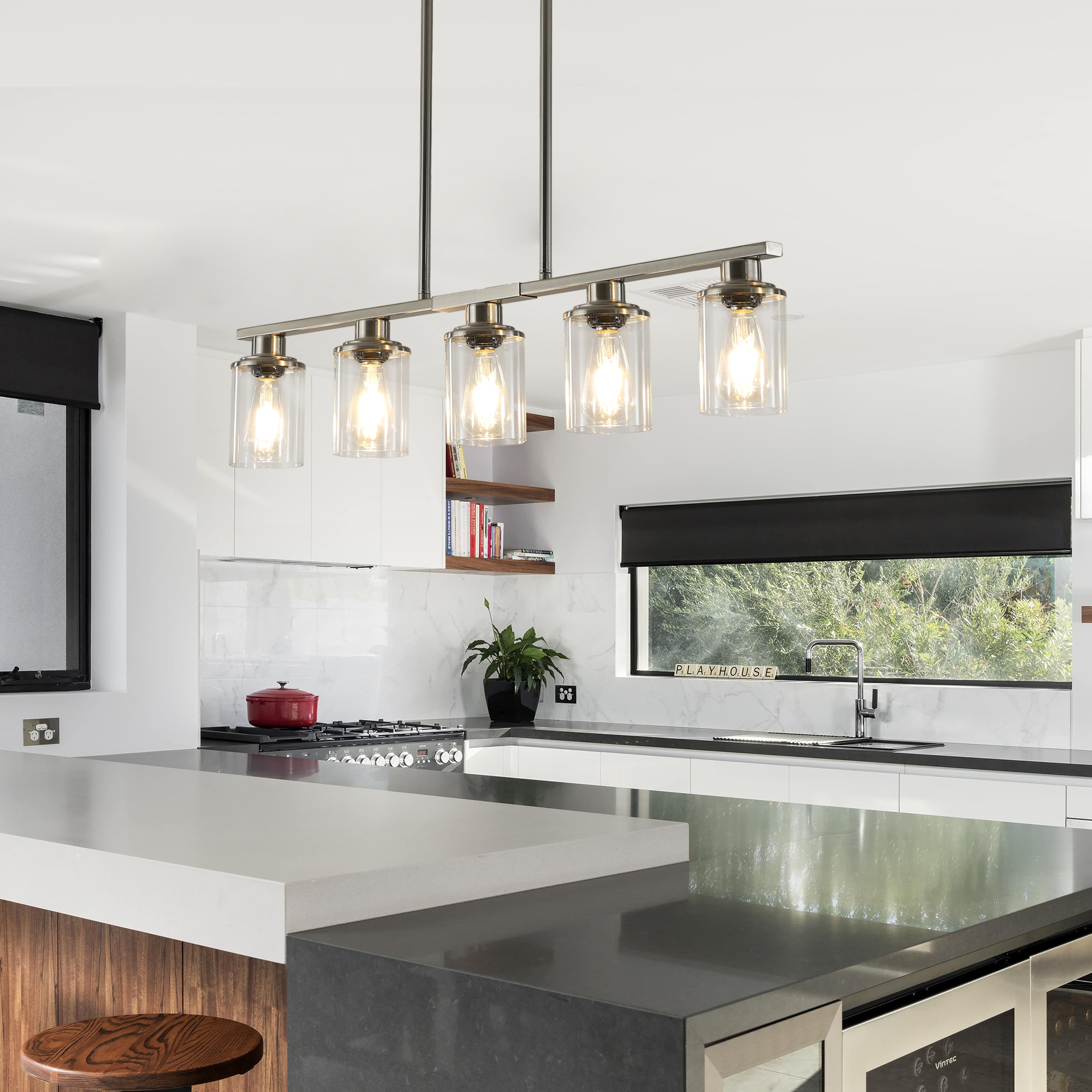 37 Brushed Nickel 5-Light Chandelier - Contemporary Kitchen Island Pendant Light With Clear Glass Shades For Dining Room, Farmhouse, Or Modern Decor No Bulbs - Image 8