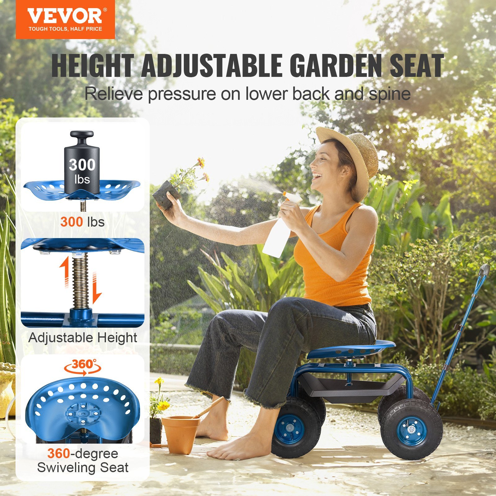 Garden Cart Rolling Workseat With Wheels, Gardening Stool For Planting, 360 Degree Swivel Seat, Wagon Scooter With Steering Handle & Utility Tool Tray, Use For Patio, Yard, And Outdoors, Blue