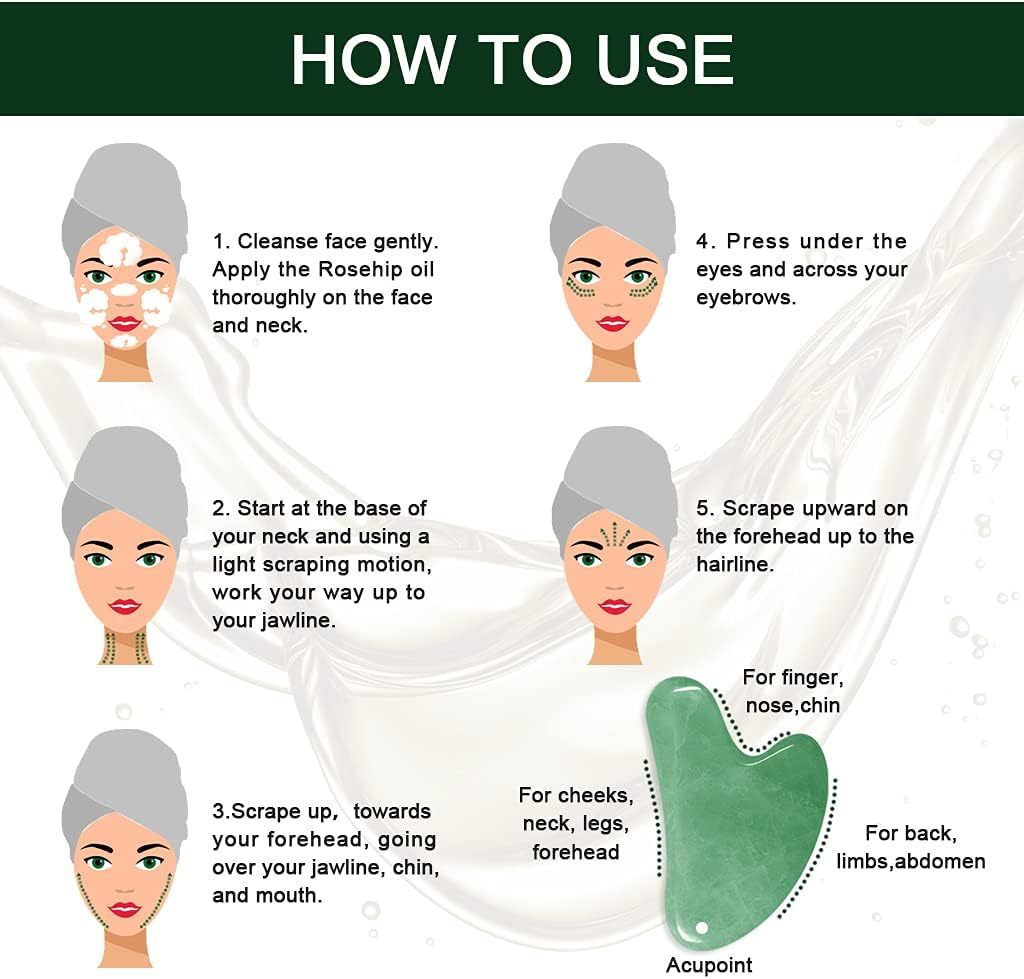 Gua Sha Massage Tools & Rosehip Oil In One Set, Nature Jade Stone Facial Gua Sha Products For Skin Massage, Beauty And Moisturizing , With Nice Travel Pouch - Image 2