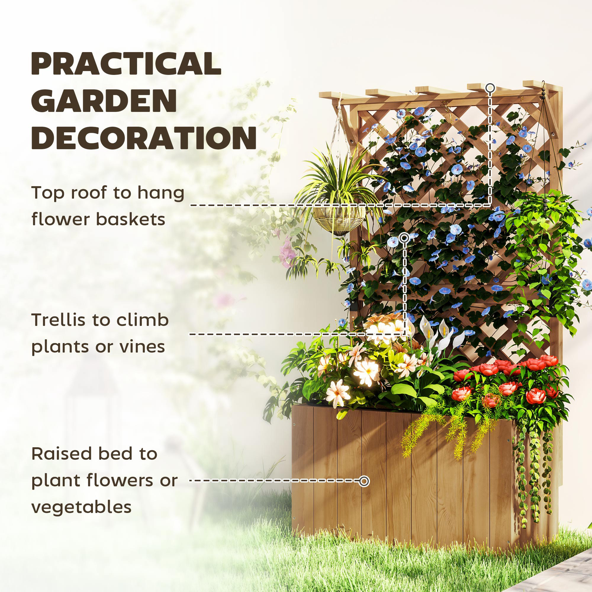 Wooden Planter With Trellis, Freestanding Raised Garden Bed With Drainage Holes, Outdoor Planter Box With Liner For Vegetables, Herbs And Flowers, Natural - Image 4