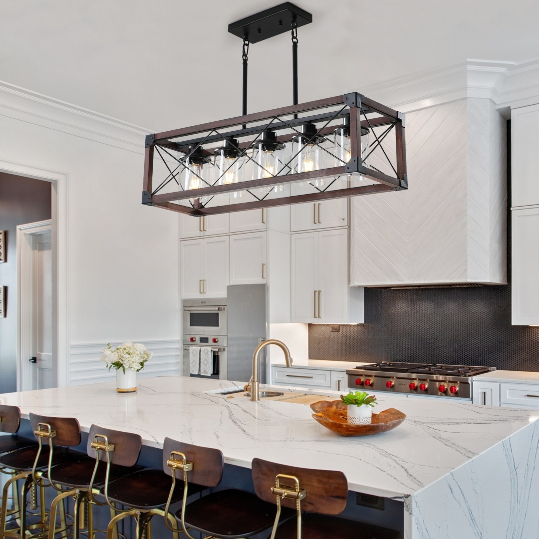 32in Red Wood Industrial Farmhouse Rectangle Pendant Light, 5-Light Chandelier With Lampshade For Dining Room, Kitchen Island, Cafe Decor No Bulbs - Image 10