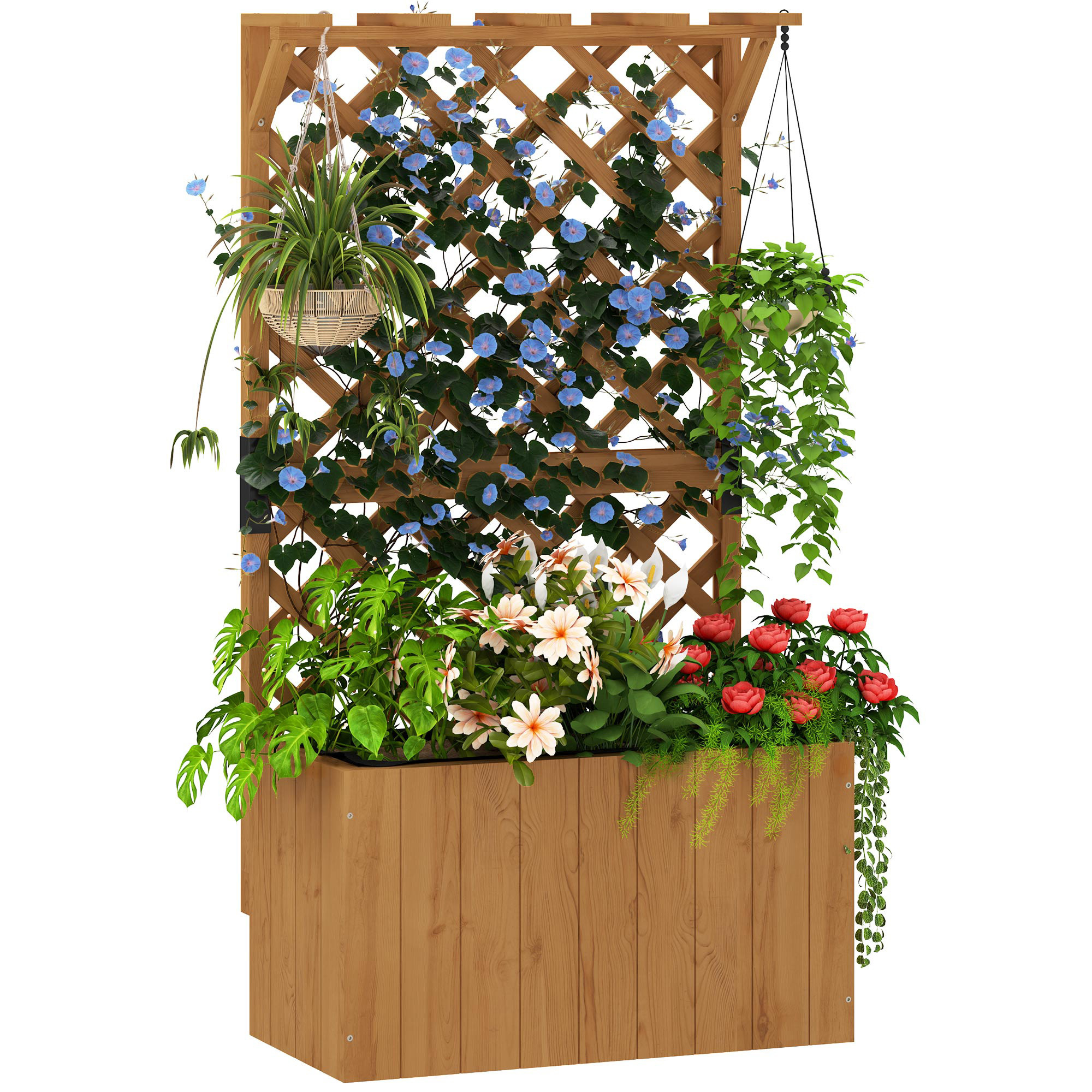 Wooden Planter With Trellis, Freestanding Raised Garden Bed With Drainage Holes, Outdoor Planter Box With Liner For Vegetables, Herbs And Flowers, Natural