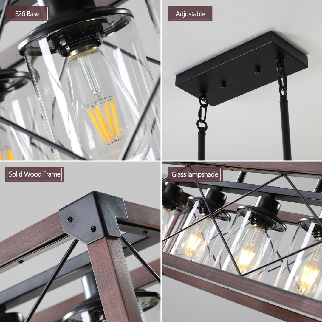 32in Red Wood Industrial Farmhouse Rectangle Pendant Light, 5-Light Chandelier With Lampshade For Dining Room, Kitchen Island, Cafe Decor No Bulbs - Image 4