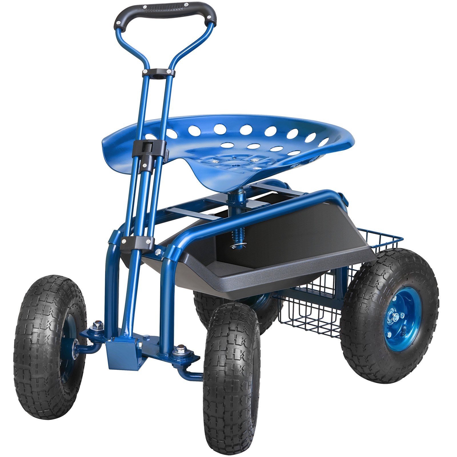 Garden Cart Rolling Workseat With Wheels, Gardening Stool For Planting, 360 Degree Swivel Seat, Wagon Scooter With Steering Handle & Utility Tool Tray, Use For Patio, Yard, And Outdoors, Blue - Image 4