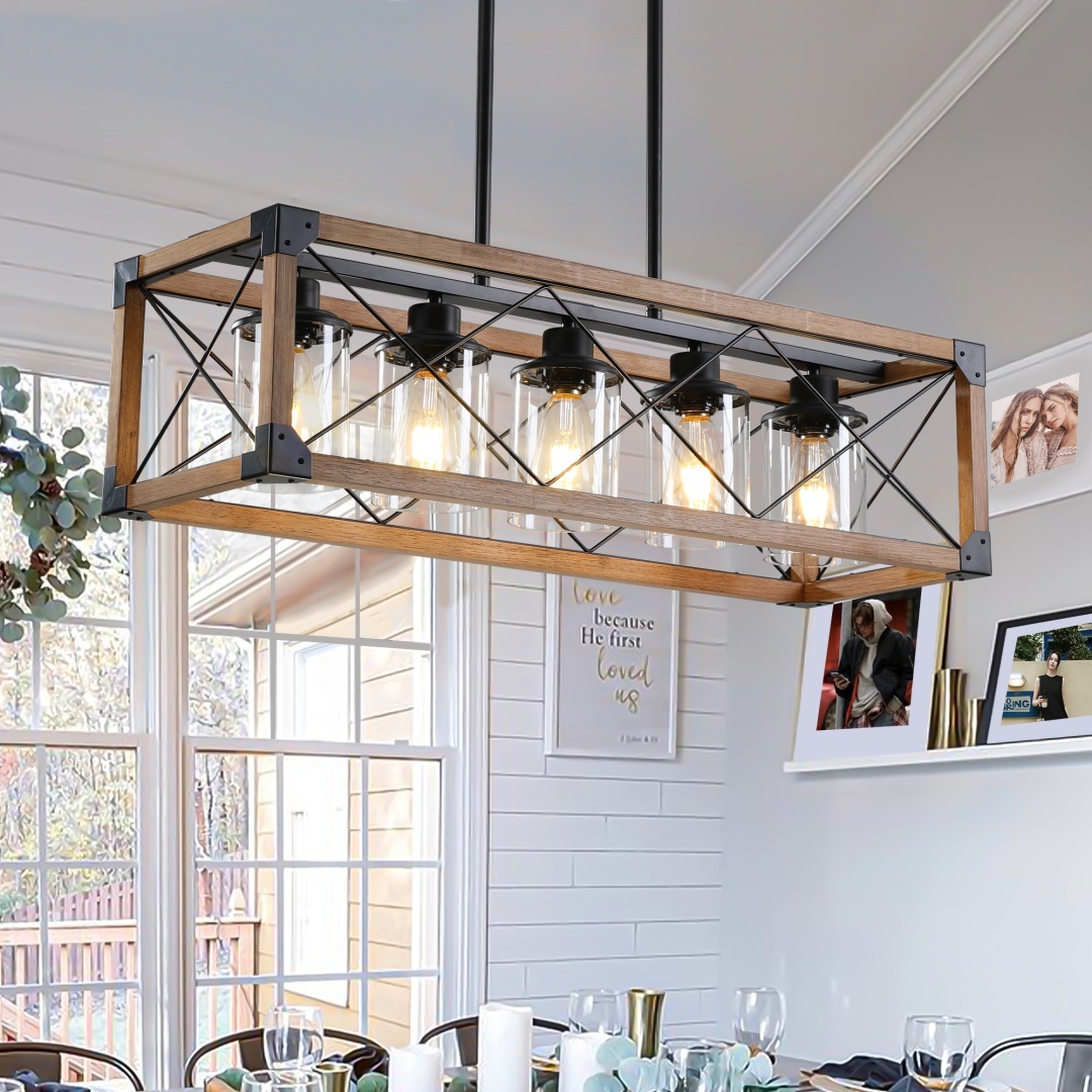 32in Walnut Industrial Farmhouse Rectangle Pendant Light, 5-Light Chandelier With Lampshades For Dining Room, Kitchen Island, Cafe Decor No Bulbs - Image 9