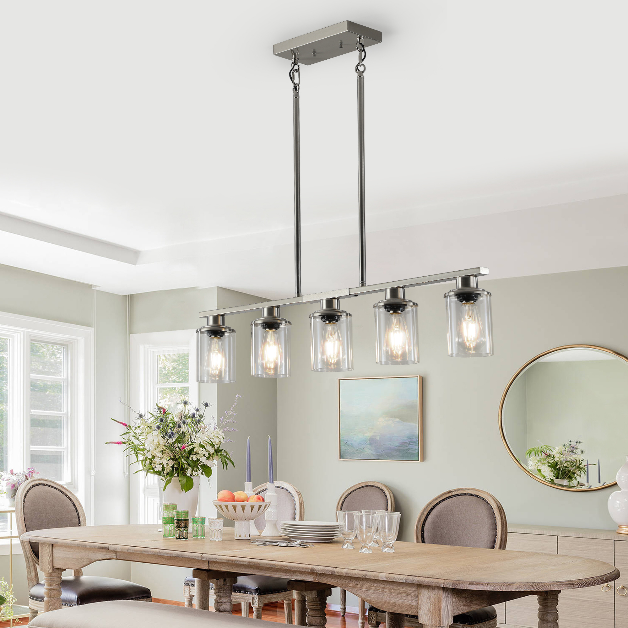 37 Brushed Nickel 5-Light Chandelier - Contemporary Kitchen Island Pendant Light With Clear Glass Shades For Dining Room, Farmhouse, Or Modern Decor No Bulbs