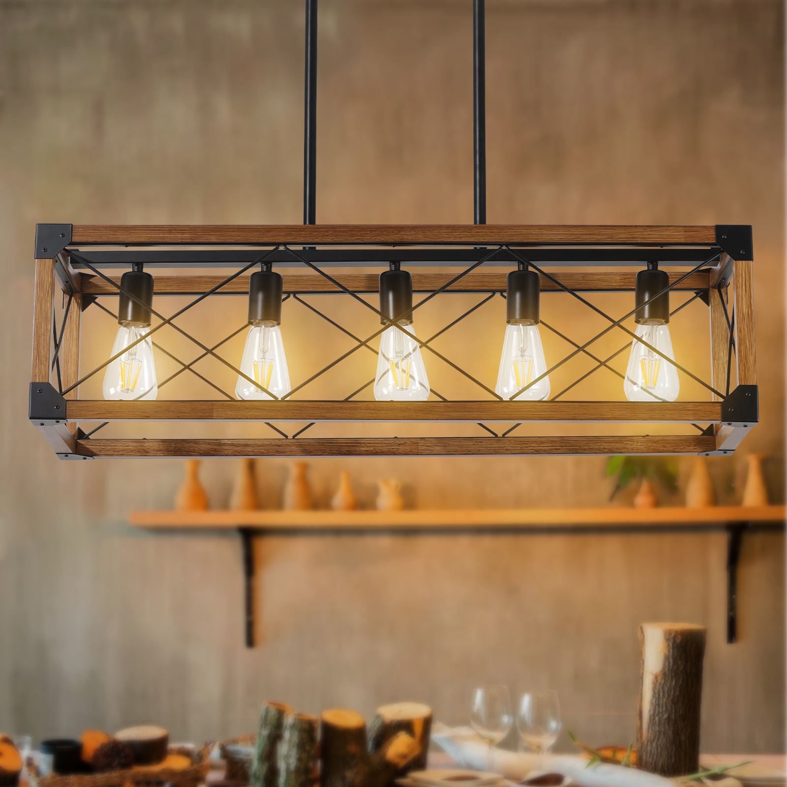 Same As W1340111207-L1011 32in Walnut Industrial Farmhouse Rectangle Pendant Light, 5-Light Chandelier For Dining Room, Kitchen Island, Cafe Decor -No Bulbs - Image 9