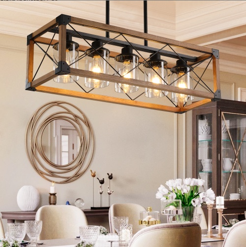 32 Inch Walnut Industrial Farmhouse Rectangle Pendant Light, 5-Light Chandelier With Lampshades For Dining Room, Kitchen Island, Cafe Decor No Bulbs - Image 5