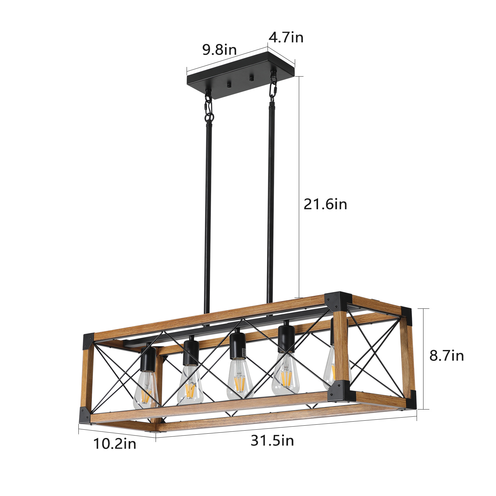 Same As W1340111207-L1011 32in Walnut Industrial Farmhouse Rectangle Pendant Light, 5-Light Chandelier For Dining Room, Kitchen Island, Cafe Decor -No Bulbs - Image 2