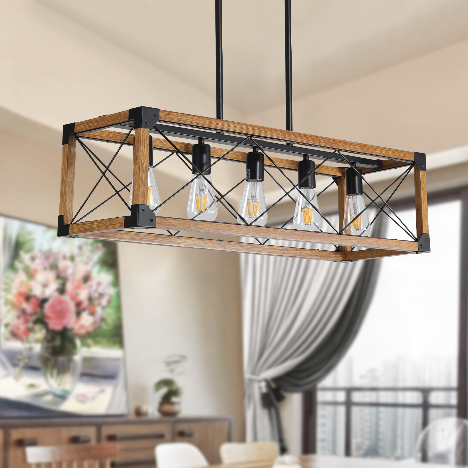 Same As W1340111207-L1011 32in Walnut Industrial Farmhouse Rectangle Pendant Light, 5-Light Chandelier For Dining Room, Kitchen Island, Cafe Decor -No Bulbs - Image 8