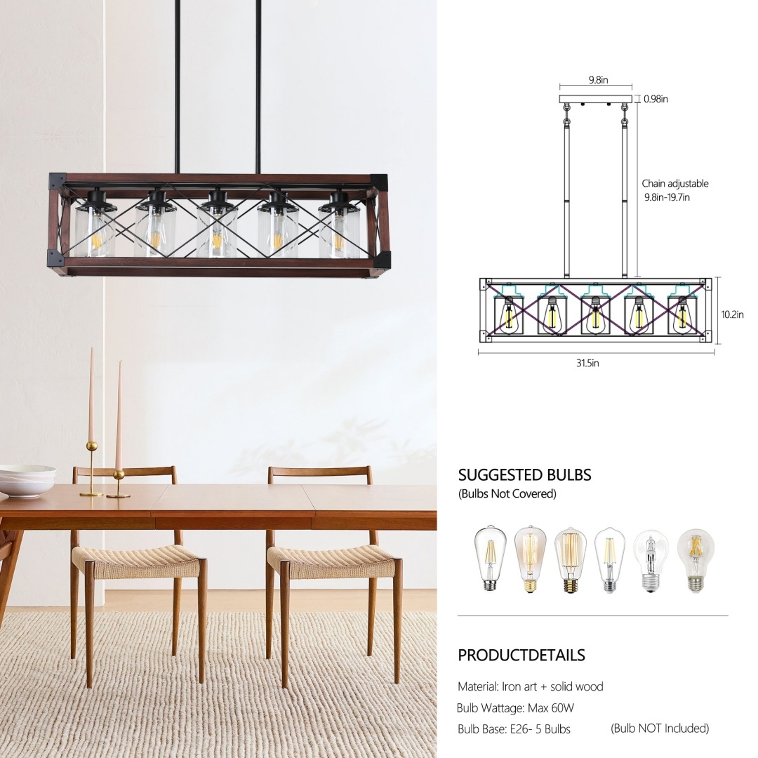 32in Red Wood Industrial Farmhouse Rectangle Pendant Light, 5-Light Chandelier With Lampshade For Dining Room, Kitchen Island, Cafe Decor No Bulbs - Image 9