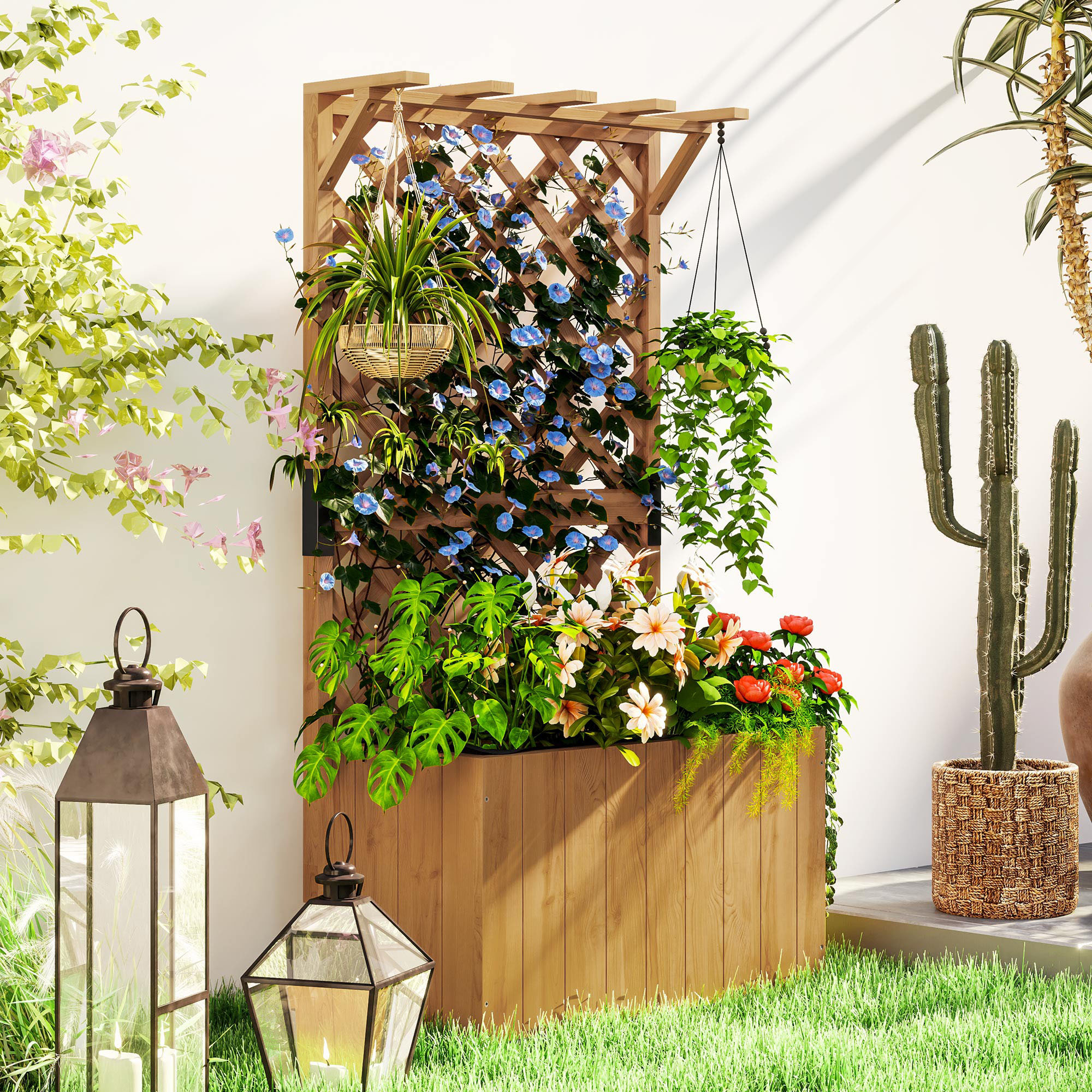 Wooden Planter With Trellis, Freestanding Raised Garden Bed With Drainage Holes, Outdoor Planter Box With Liner For Vegetables, Herbs And Flowers, Natural - Image 2