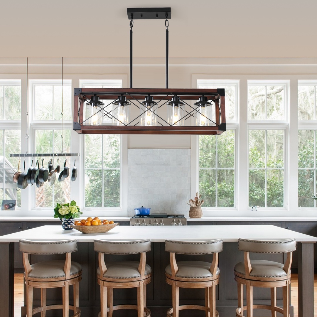 32in Red Wood Industrial Farmhouse Rectangle Pendant Light, 5-Light Chandelier With Lampshade For Dining Room, Kitchen Island, Cafe Decor No Bulbs - Image 8